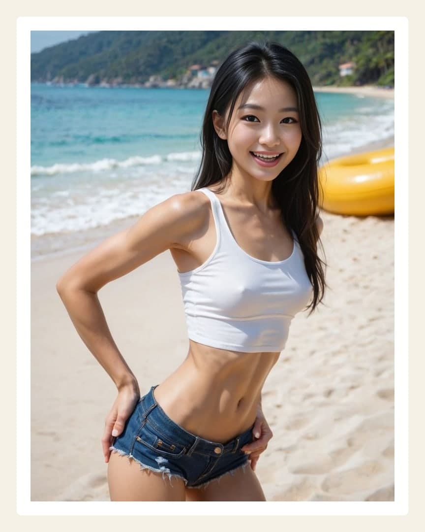 Slim Asian beach crop top pose