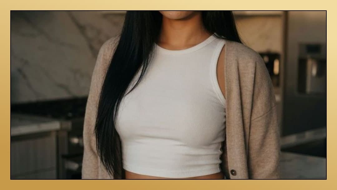 Asian crop top kitchen close-up