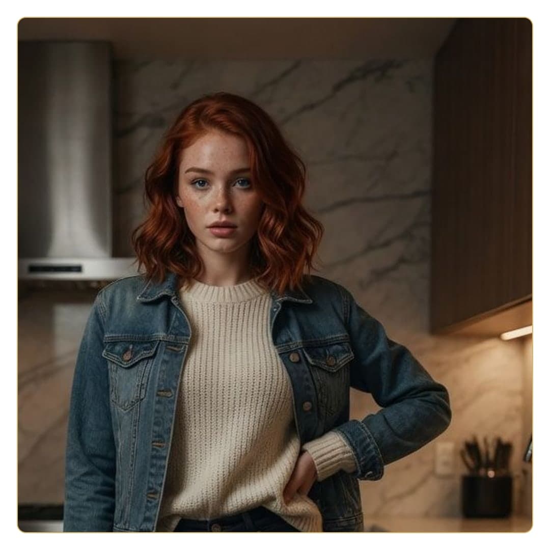 Redhead kitchen portrait denim jacket
