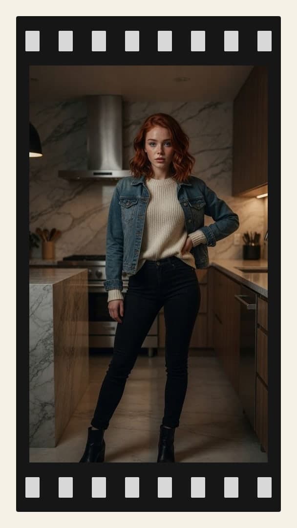 Slim redhead curves in kitchen
