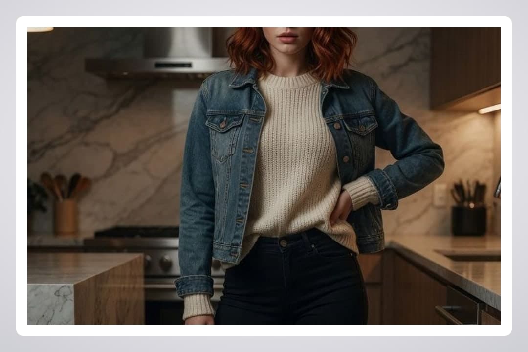 Redhead in kitchen denim jacket
