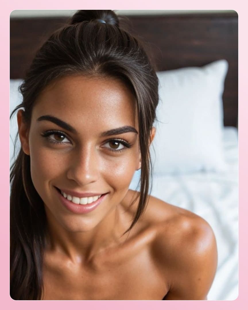 Topless bed selfie on white sheets