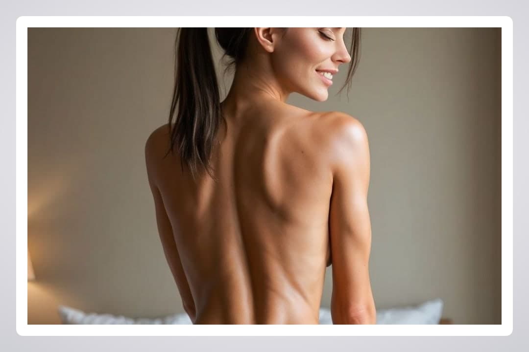 Long ponytail bare back smile