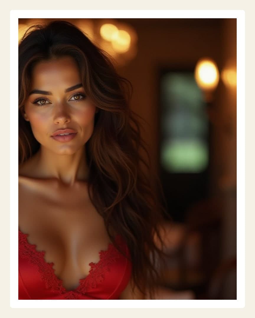 Hazel eyes red lingerie close-up