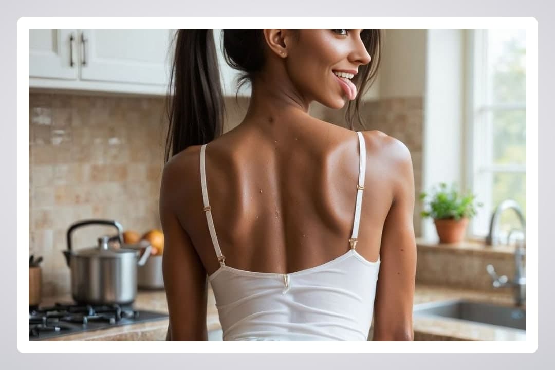 Long ponytail kitchen tongue out