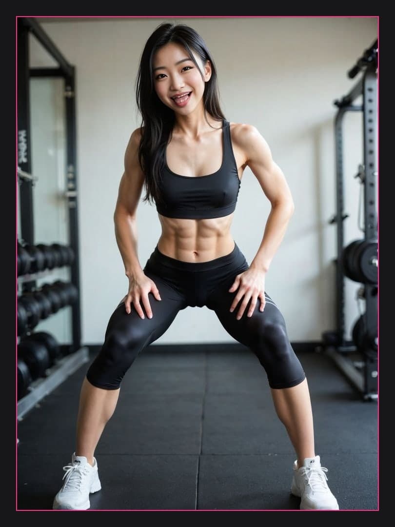 Asian squats in tight gym wear