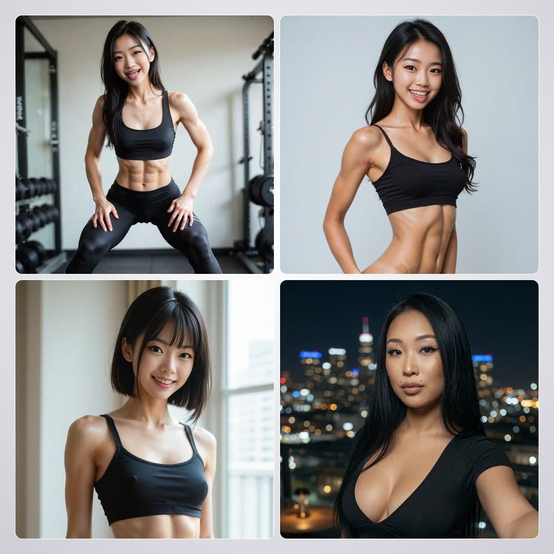 Curvy Asian flexing abs in gym