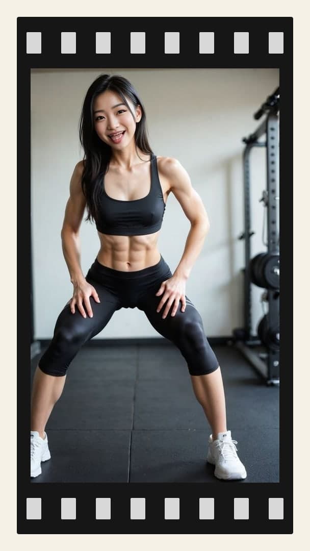 Curvy Asian squats in gym