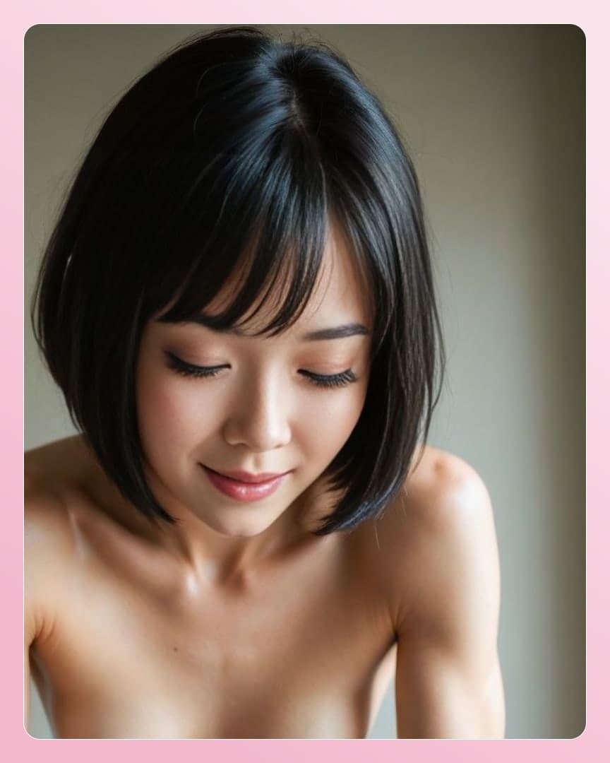 Short raven bob topless smile