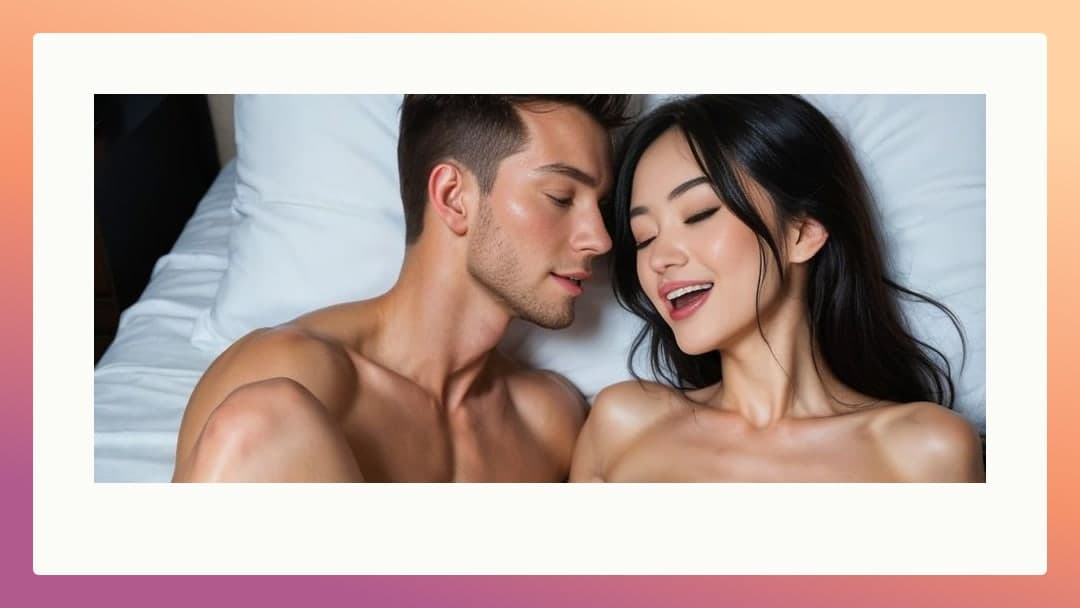 Asian woman moans in bed with man