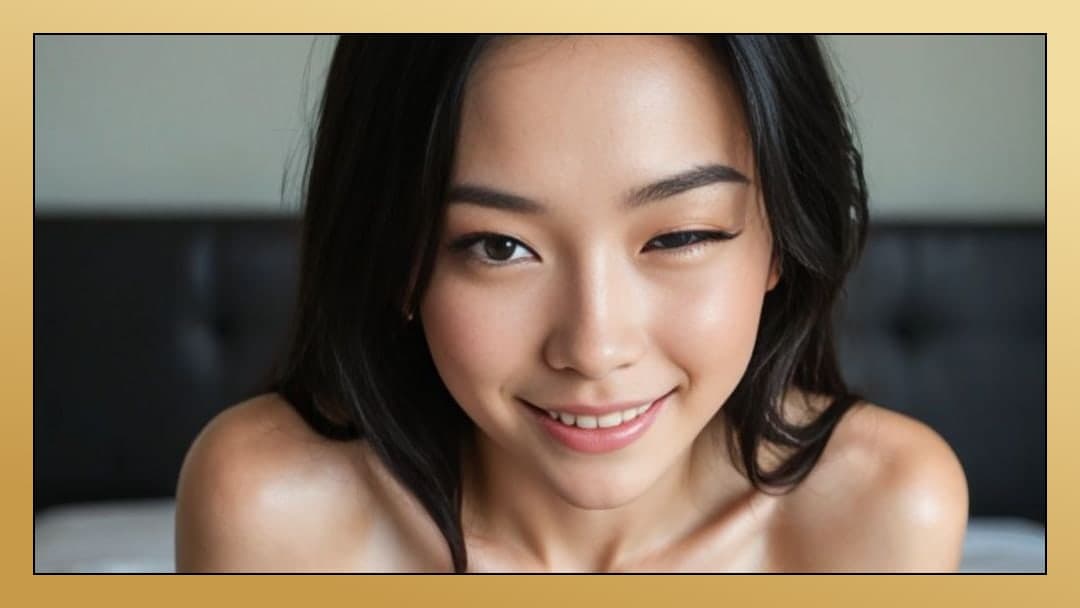 Raven hair topless bedroom smile