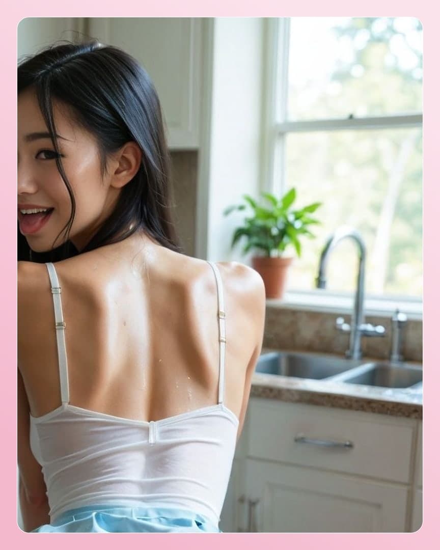 Wet camisole kitchen over-shoulder