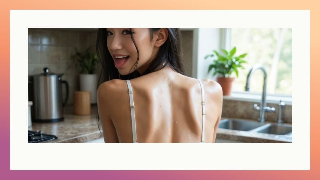 Over shoulder kitchen topless glance