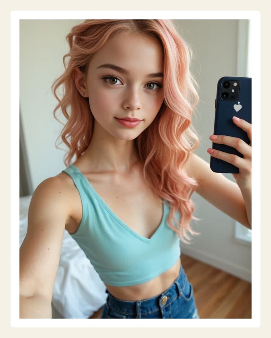 Pink hair close-up bedroom selfie