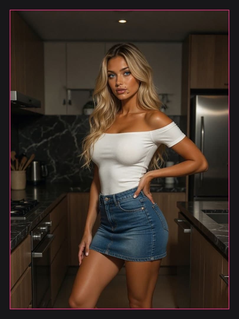 Kitchen pose in denim skirt