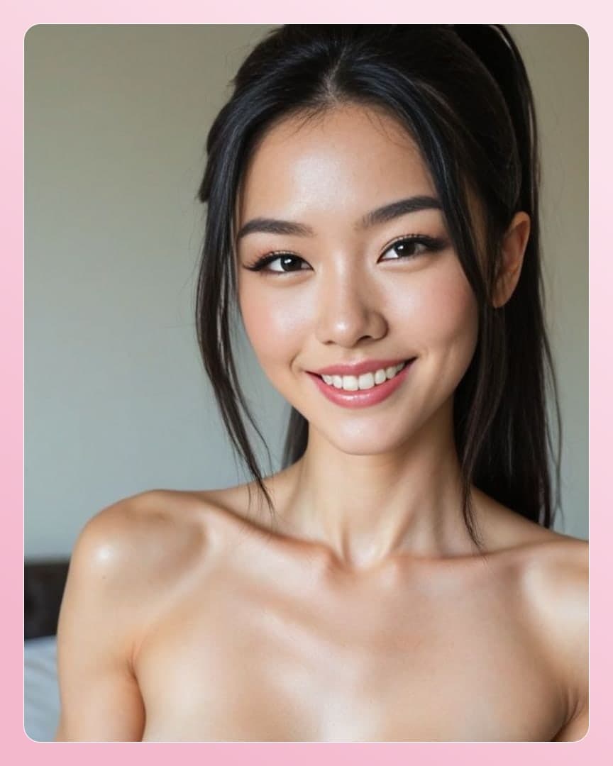 Curvy Asian topless bedroom smile
