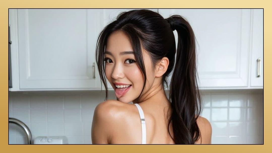 Asian tongue out in kitchen