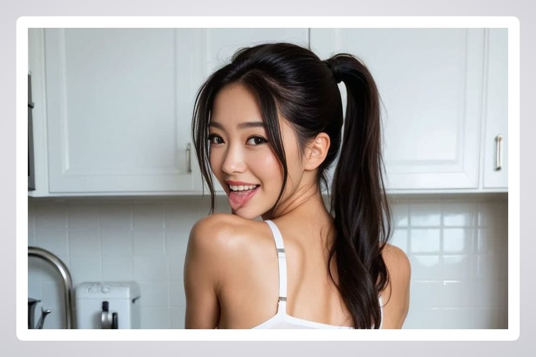 Playful ponytail in bright kitchen