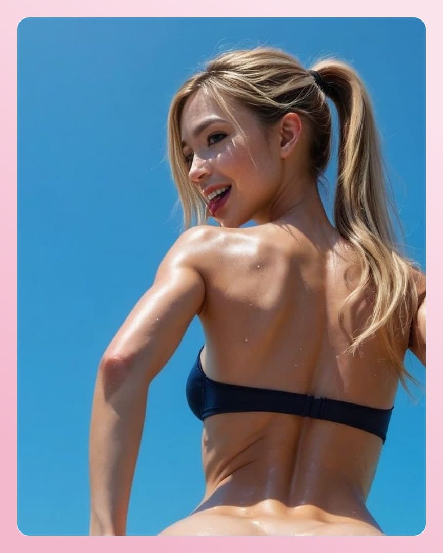 Blonde over shoulder bikini smile