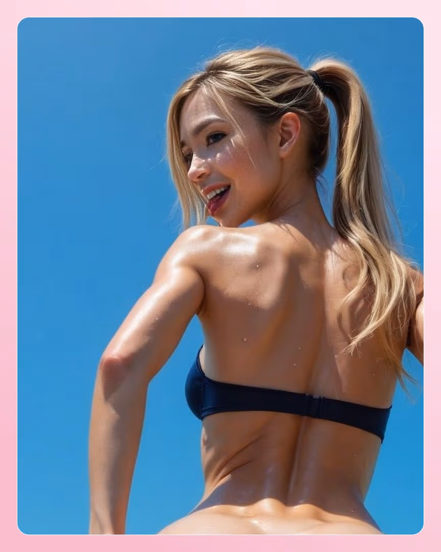 Blonde over shoulder bikini smile