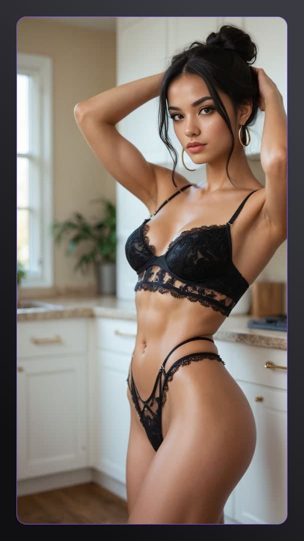 Kitchen lace bra and thong pose