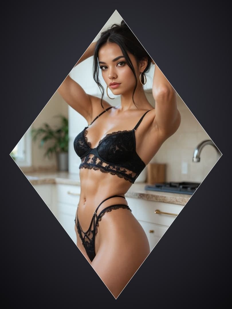 Sheer lace lingerie in kitchen