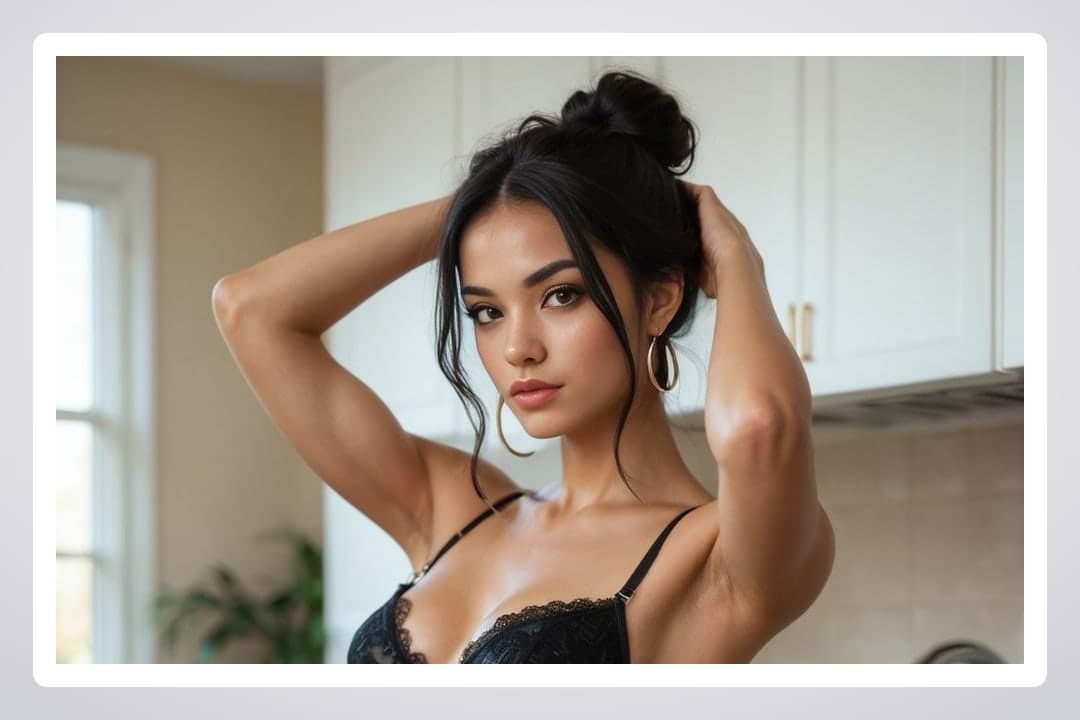 Raven hair messy bun kitchen selfie