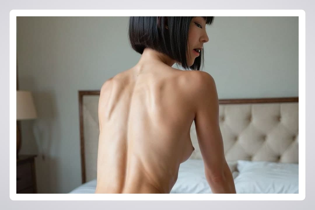 Topless Asian back view in bedroom