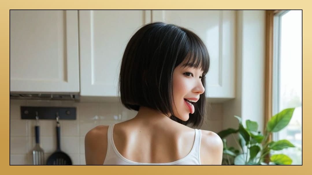 Short black bob kitchen tease
