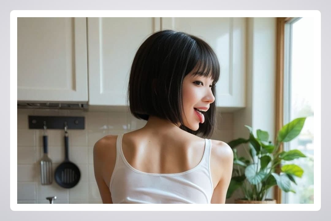 Short black bob kitchen smile