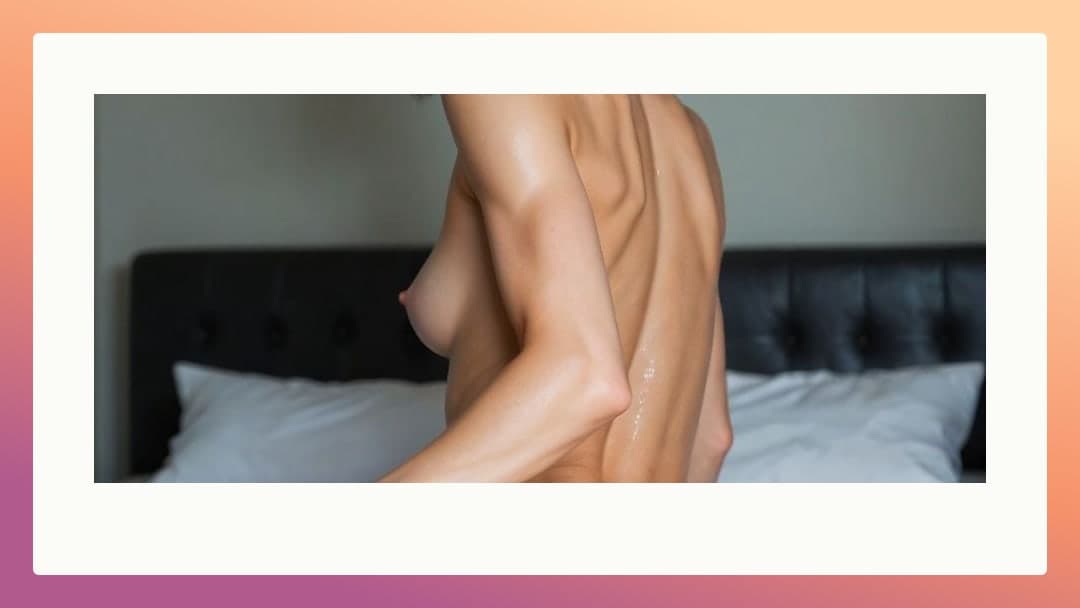 Young adult nude bedroom side view