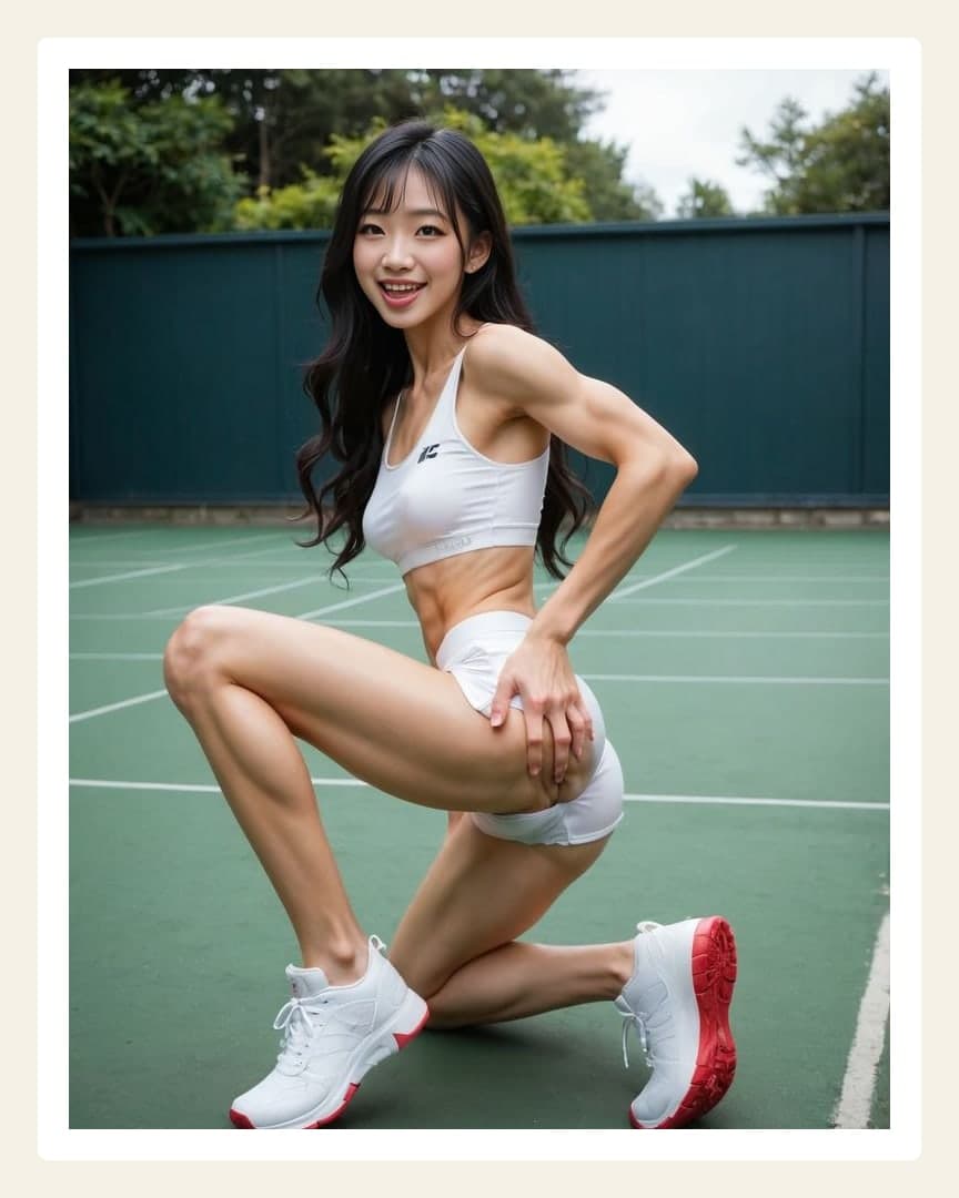 Asian in sports bra on tennis court