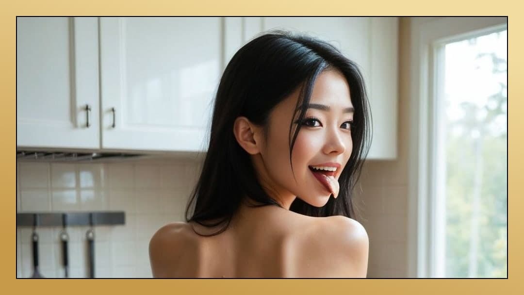 Topless in bright kitchen