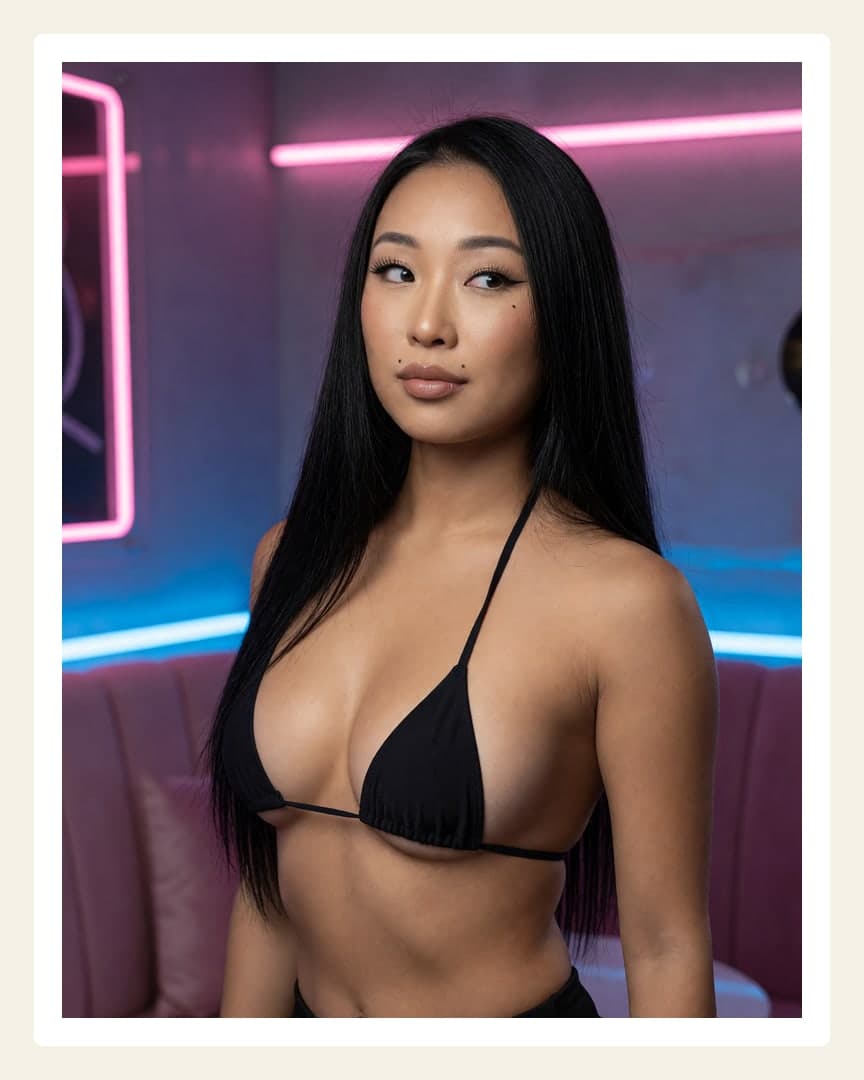 Topless Asian in neon lounge