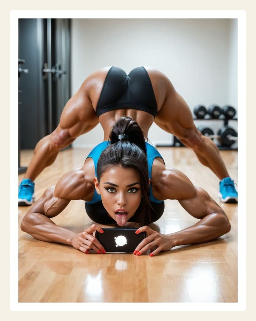 Curvy Asian stretches in gym straddle