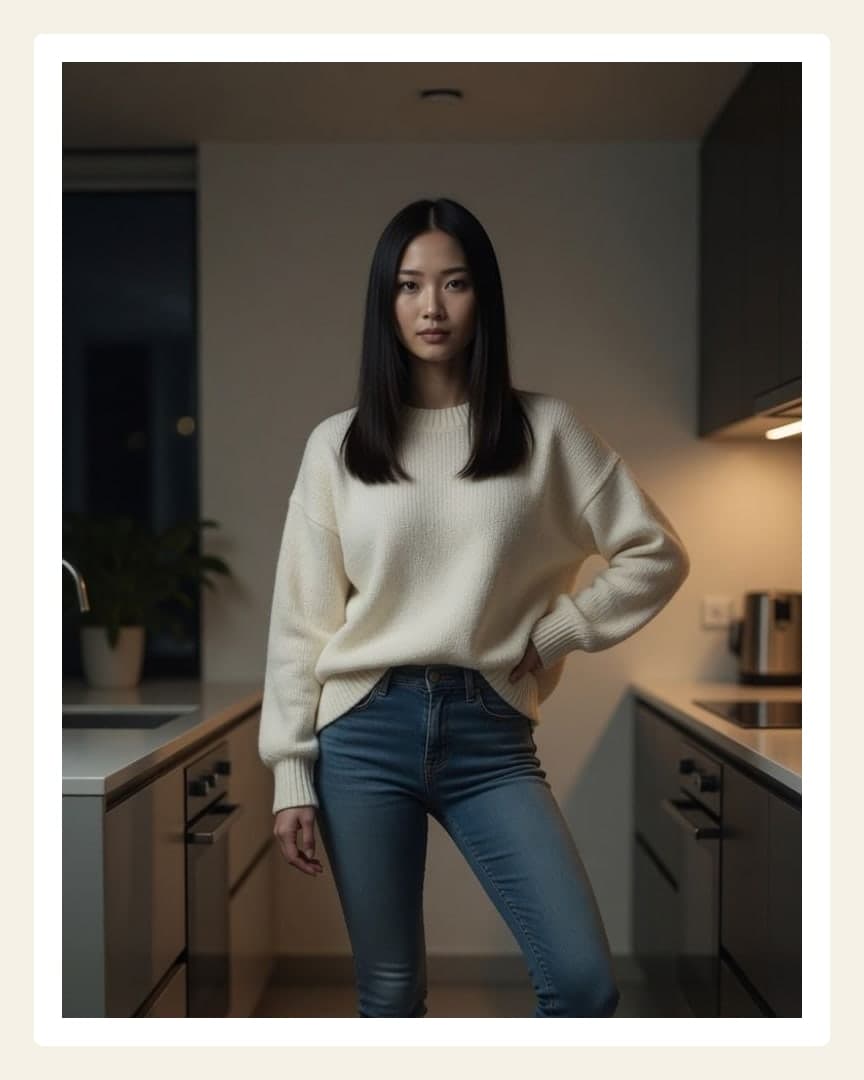 Early 20s Asian in kitchen jeans