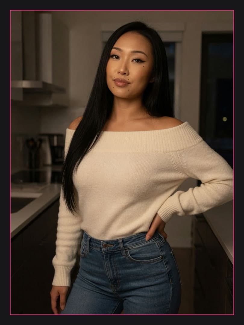 Asian in kitchen sweater jeans