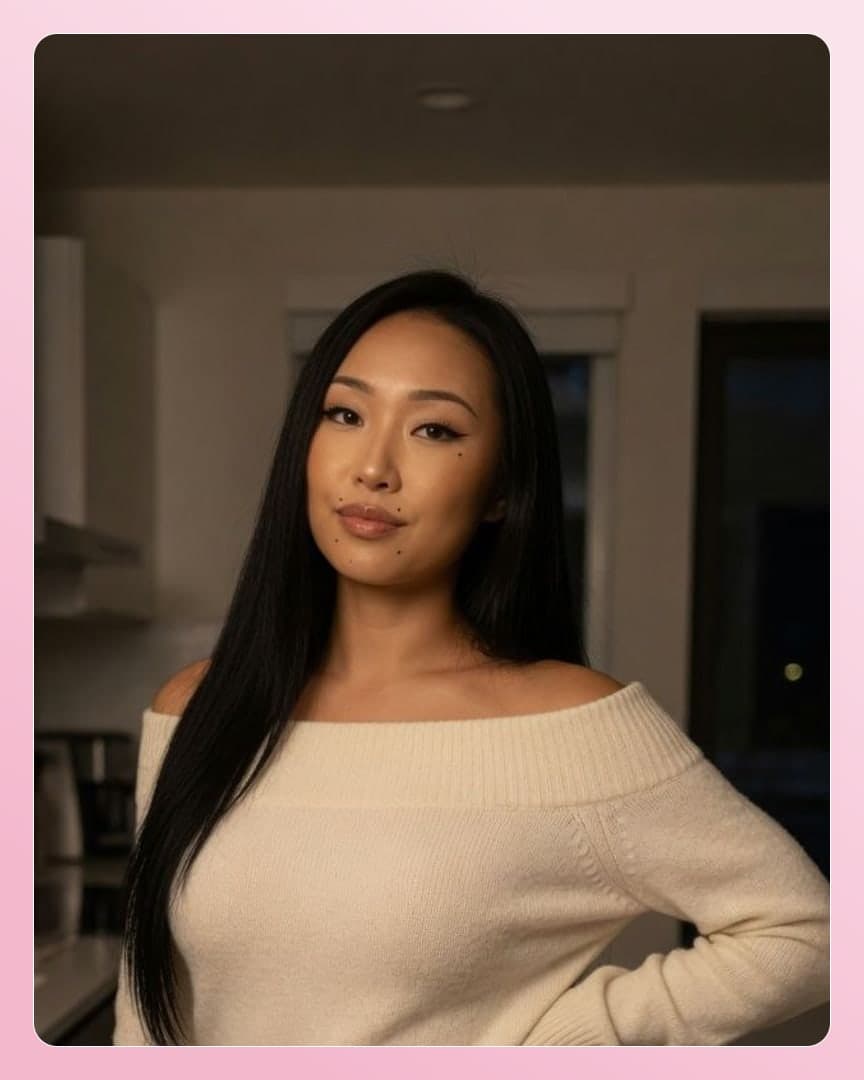 Curvy Asian in cream knit sweater