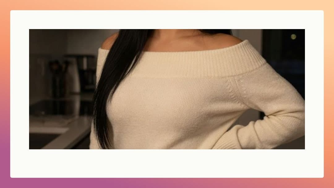 Asian sweater off-shoulder kitchen pose