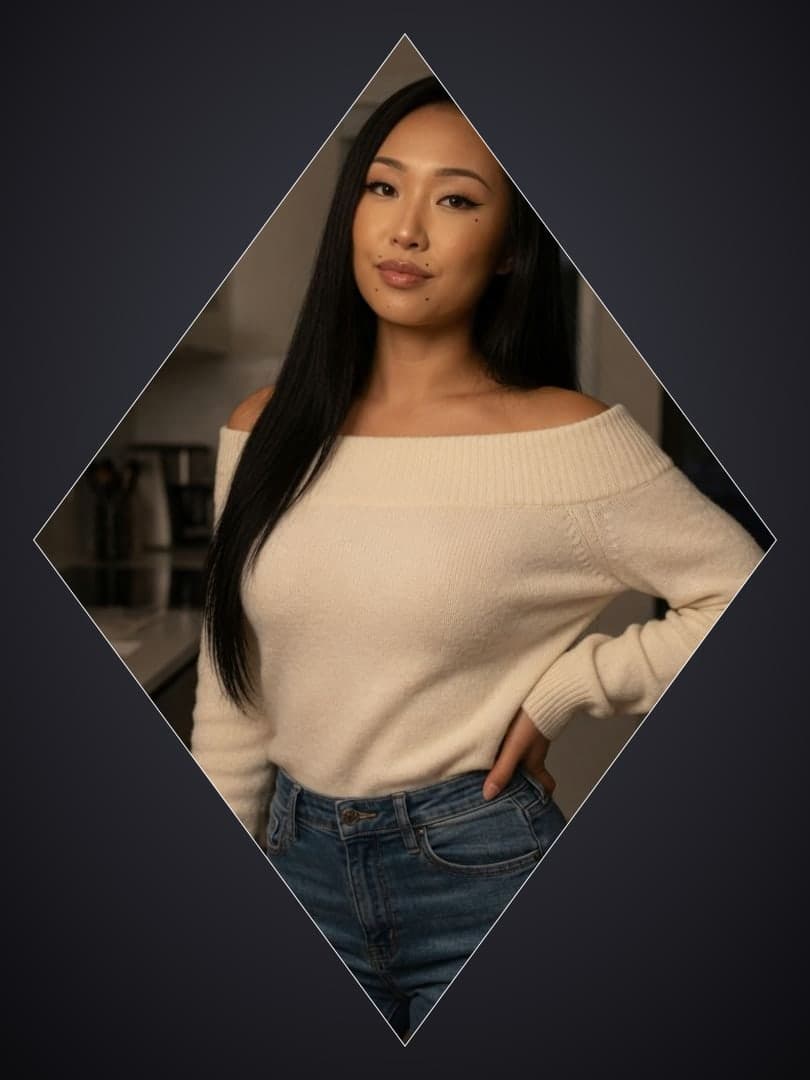 Raven straight hair kitchen portrait