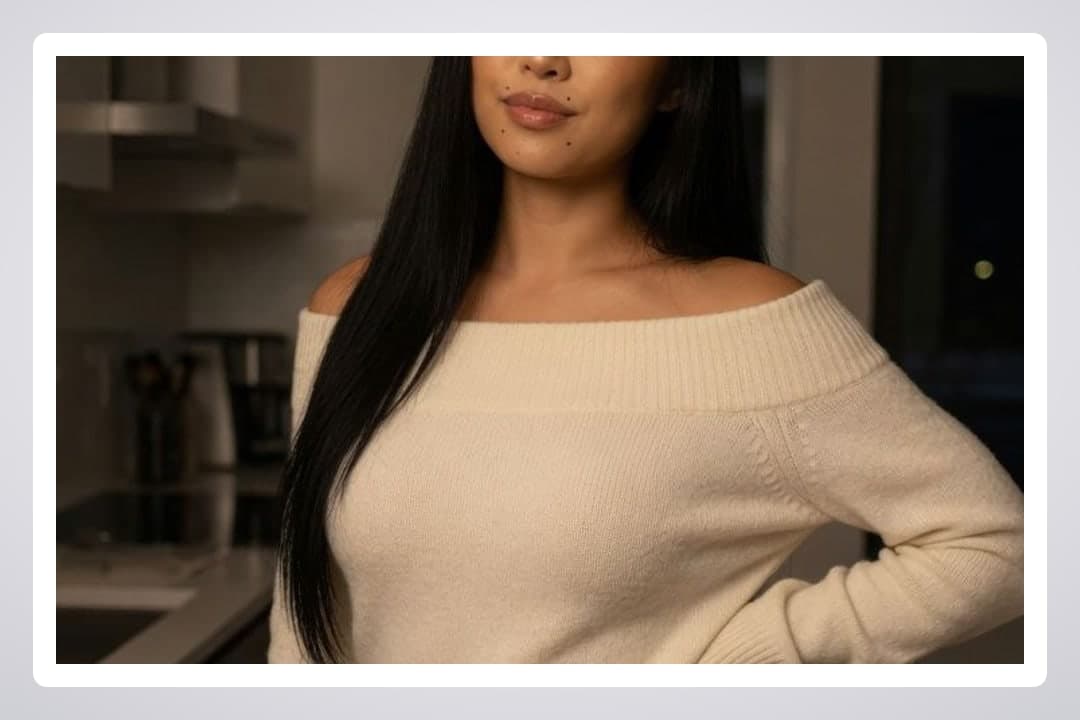 Curvy Asian in kitchen sweater