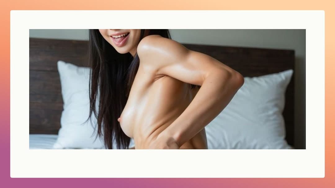 Raven hair topless bedroom smile