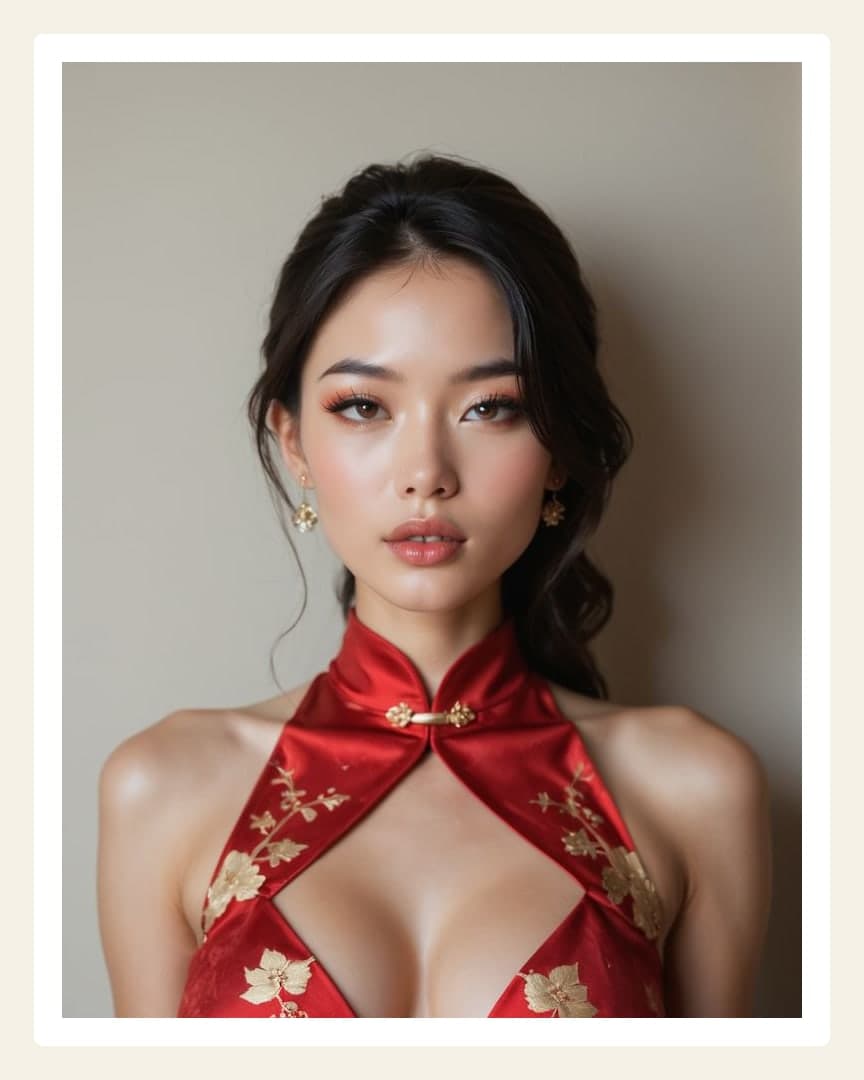 Glossy red satin halter cleavage