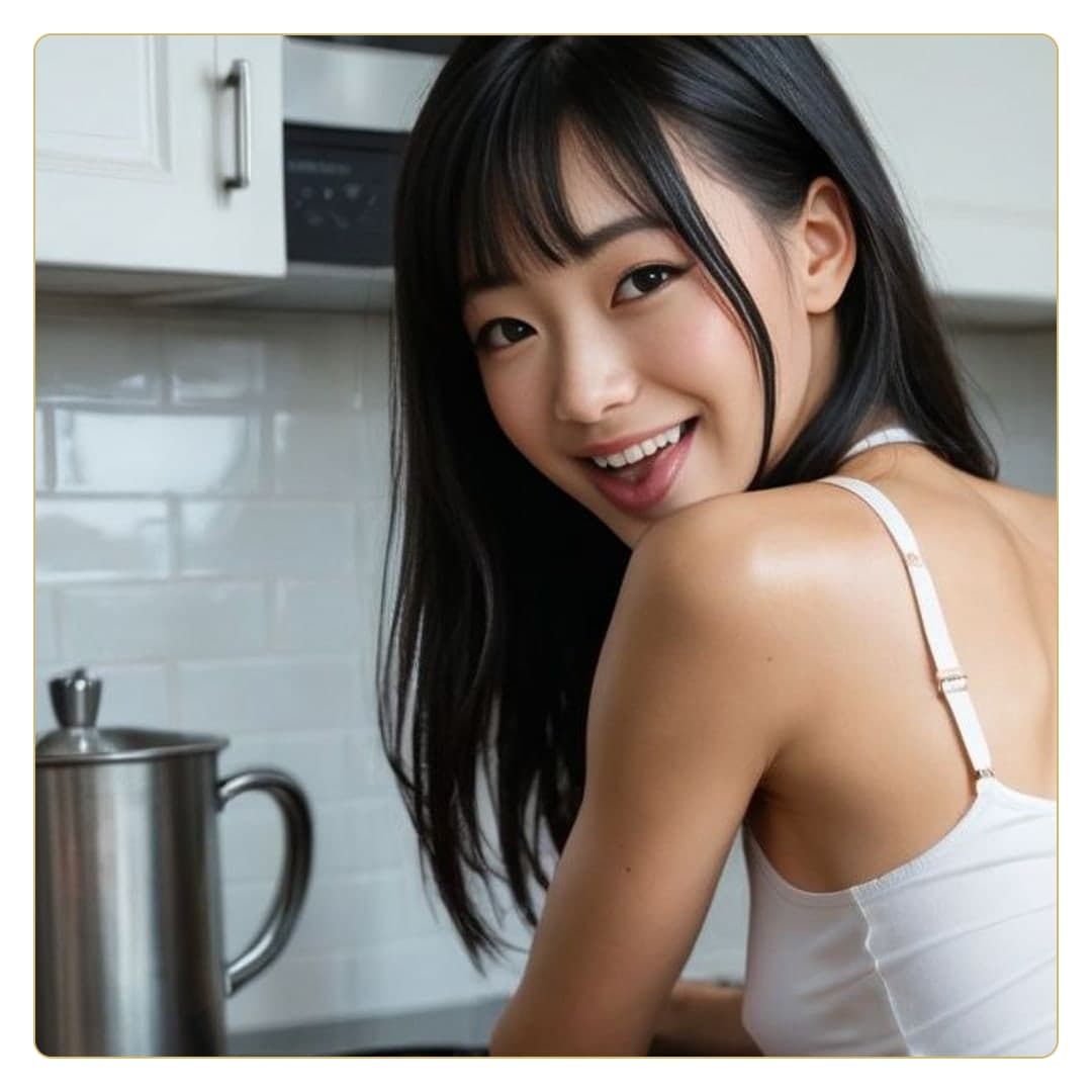 Kitchen tank top over shoulder smile