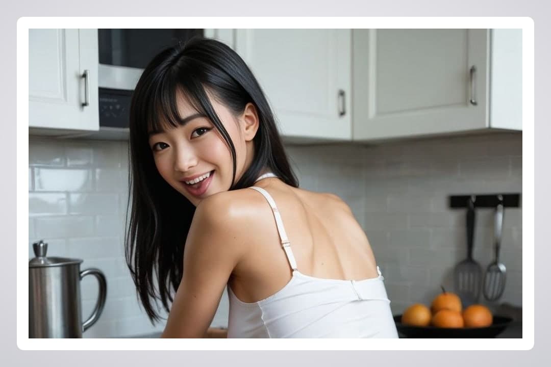 Young Asian smile in kitchen