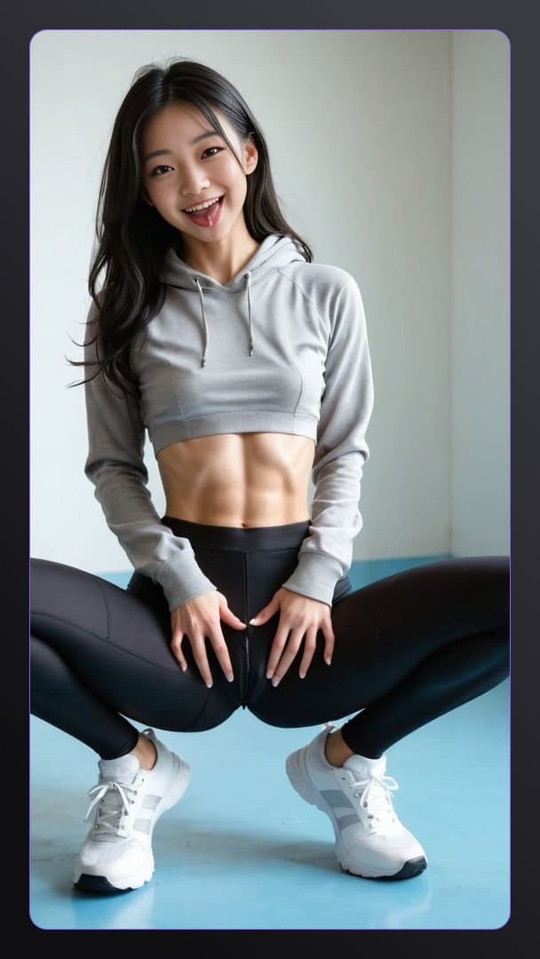 Studio squat in gray crop hoodie