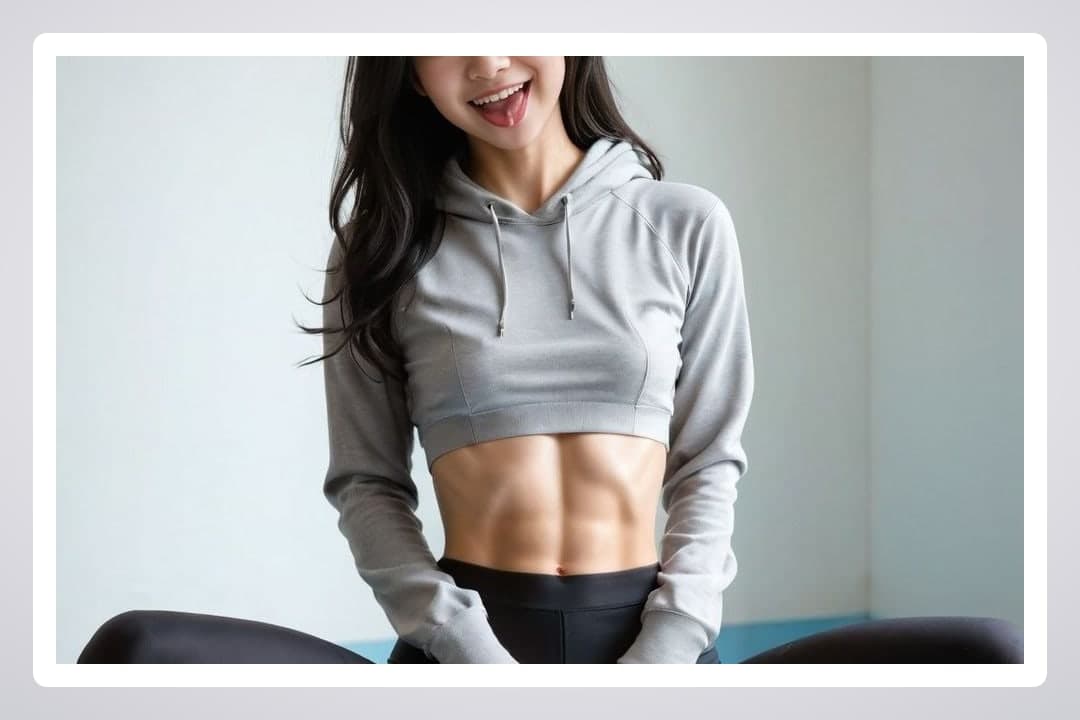 Curvy athletic abs in gray crop hoodie