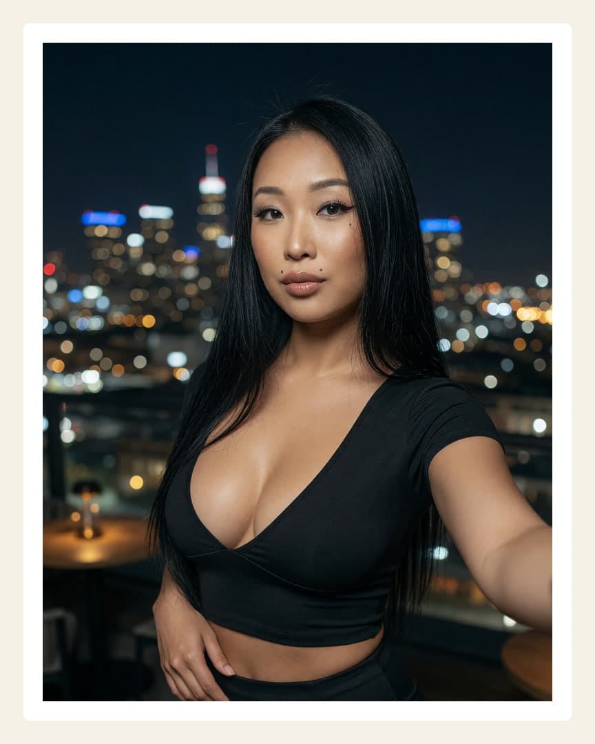 Curvy Asian cleavage rooftop selfie