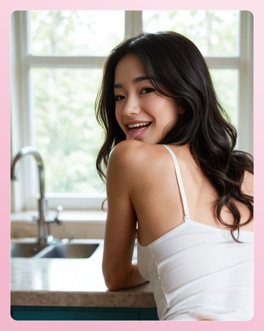 Kitchen counter over-shoulder smile