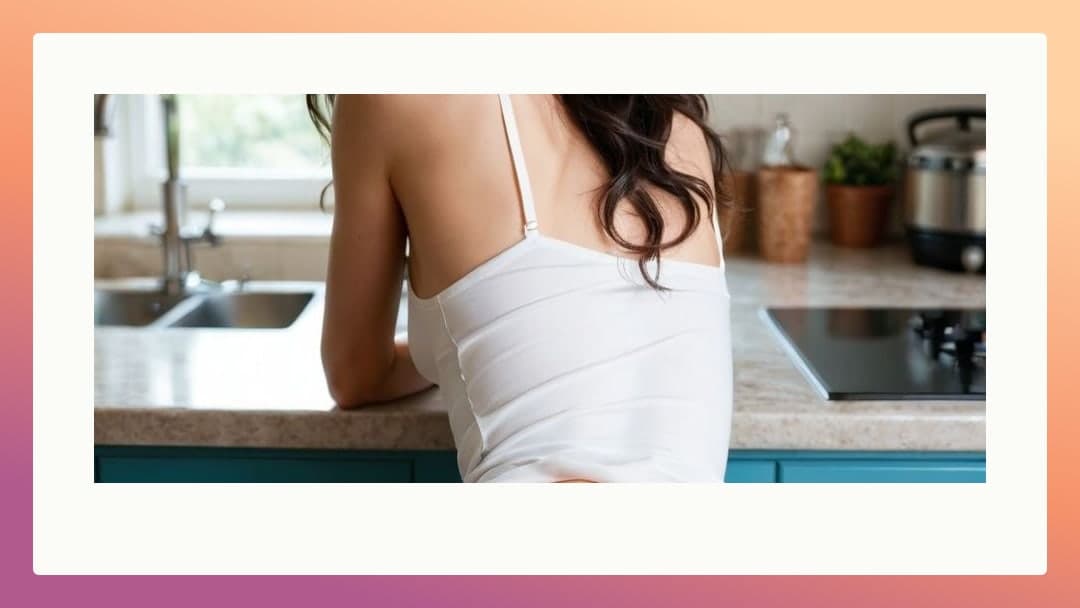 Curvy Asian in white camisole kitchen